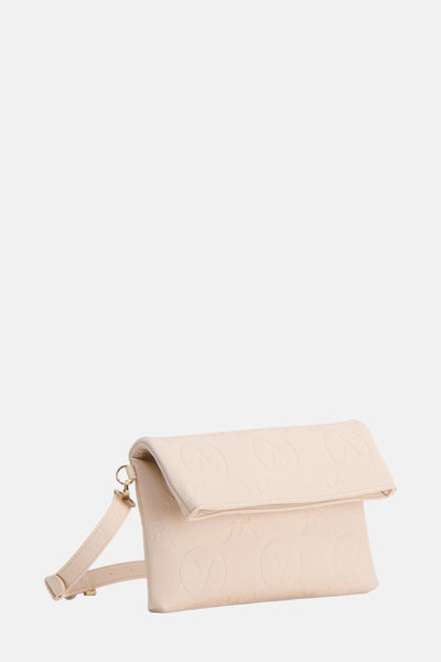 Ecru schoudertas van VALENTINO BAGS, versierd met bloemenmotieven en reliëflogo's, met verstelbare schouderriem.