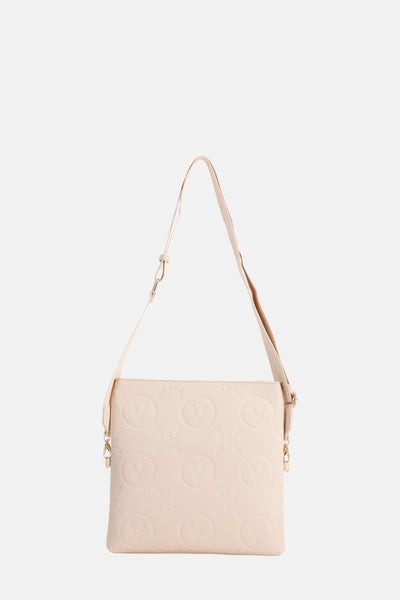 Ecru schoudertas van VALENTINO BAGS, reliëf logo- en bloemmotief, verstelbare dunne schouderriem.