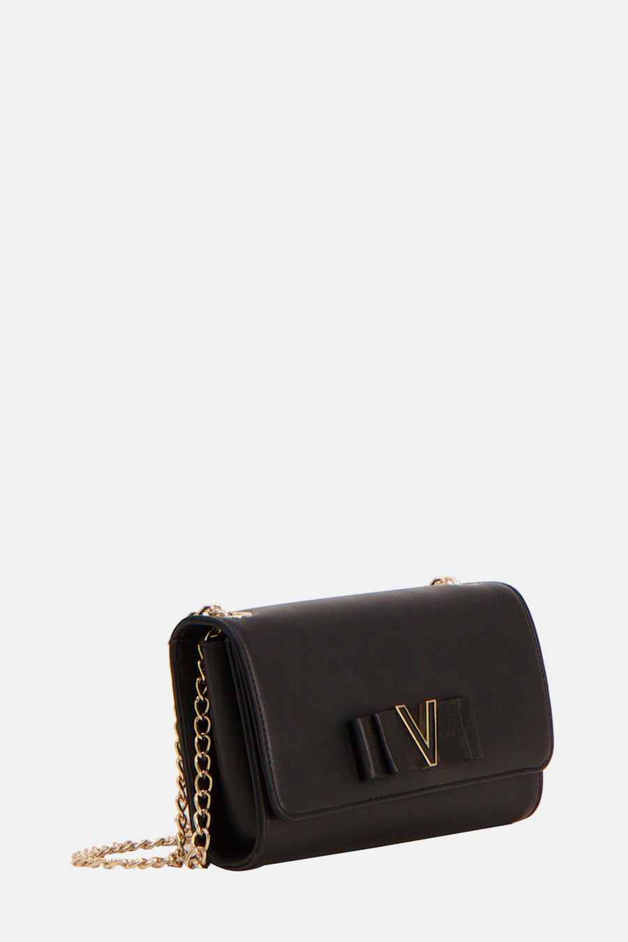 Zwarte VALENTINO BAGS schoudertas met gouden ketting en overslagsluiting.