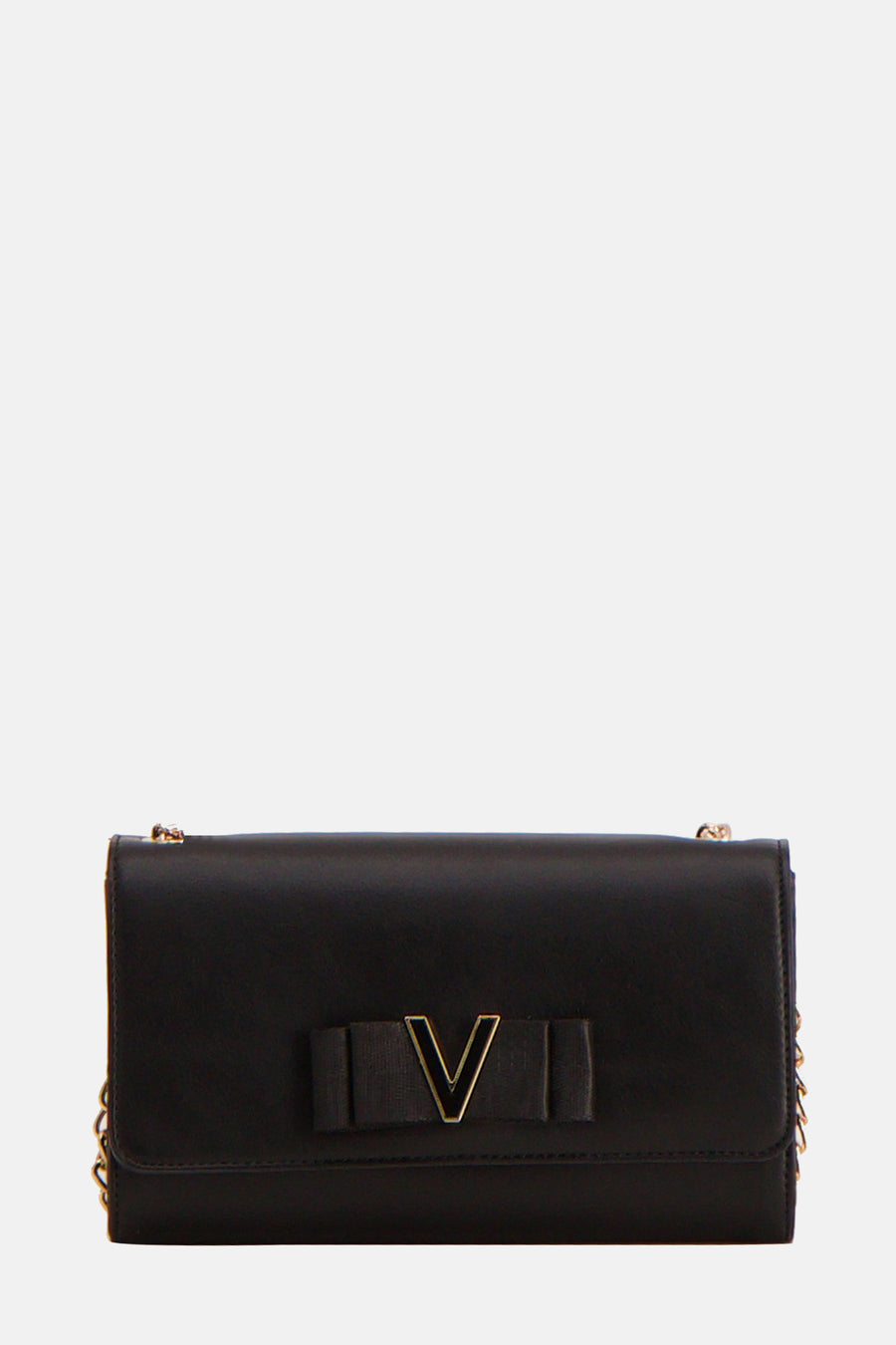 Zwarte VALENTINO BAGS schoudertas met gouden ketting en decoratieve strikdetail met een V.