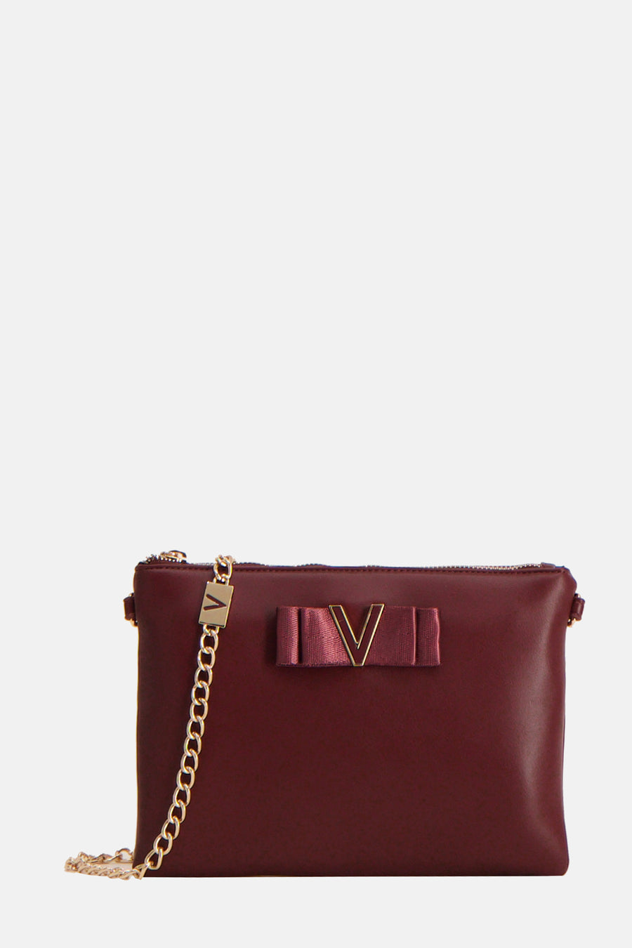 Sac à bandoulière bordeaux de VALENTINO BAGS avec chaîne dorée et orné d'un nœud avec le logo.
