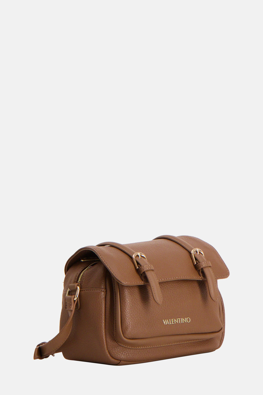 Bruine schoudertas van VALENTINO BAGS, met een generfde textuur en decoratieve gespdetails.