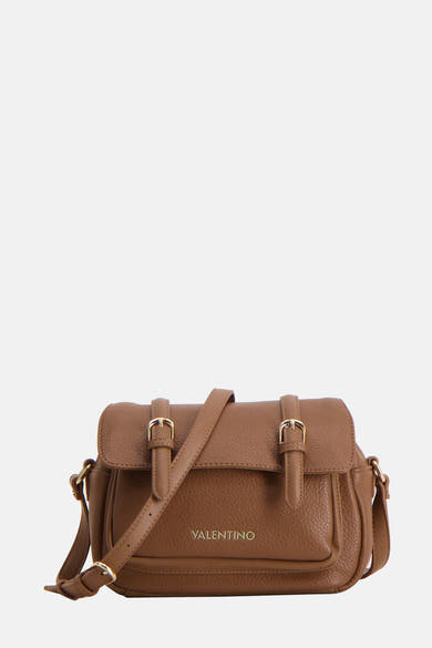 Bruine leren schoudertas van VALENTINO BAGS met een verstelbare schouderriem en gouden gespen.