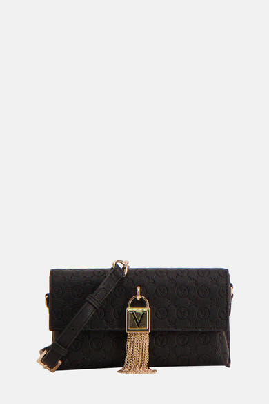 Zwarte schoudertas van VALENTINO BAGS, met reliëfpatroon en goudkleurige kwastbedel.
