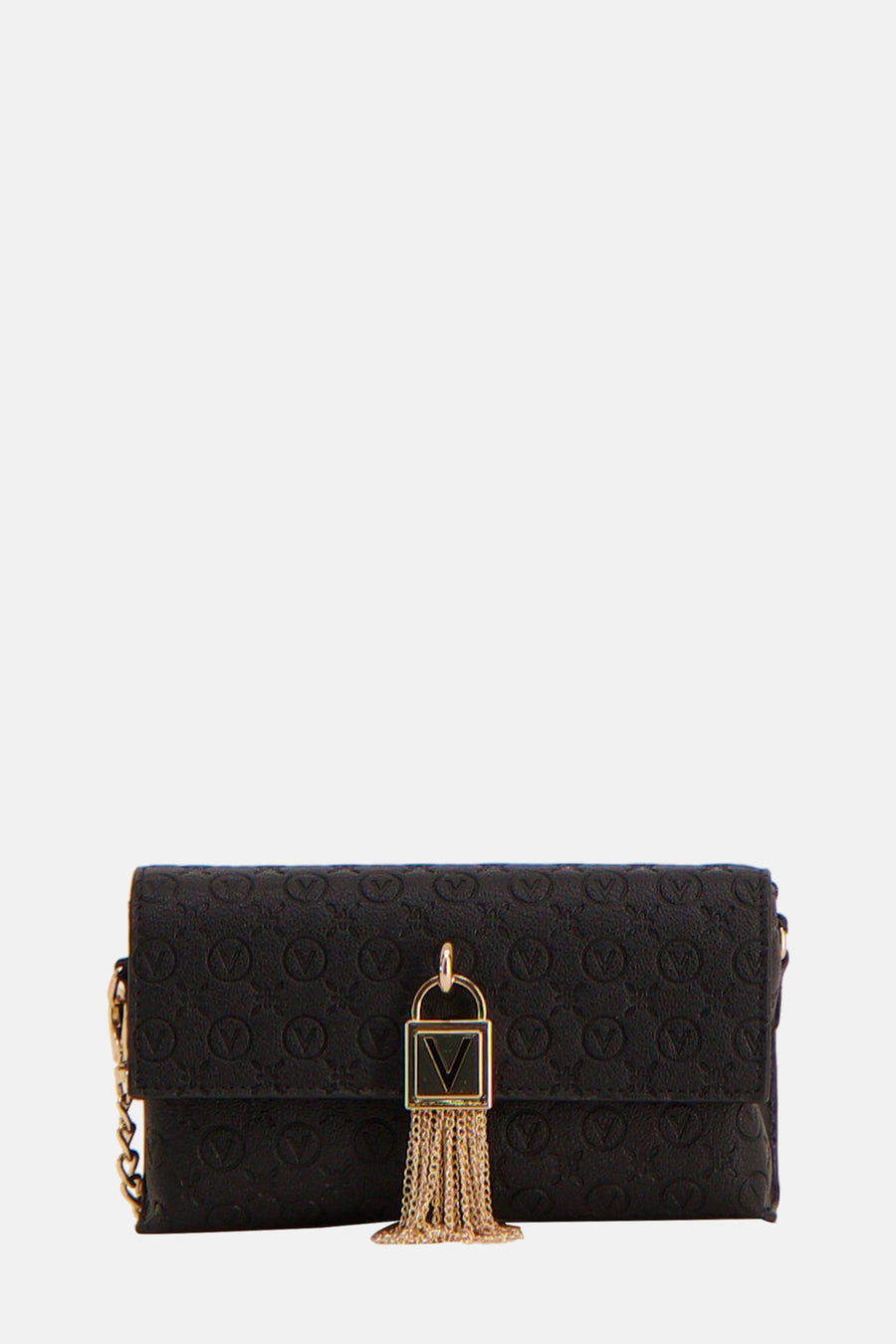 Zwarte schoudertas van VALENTINO BAGS, met reliëf logo patroon en decoratieve gouden ketting.