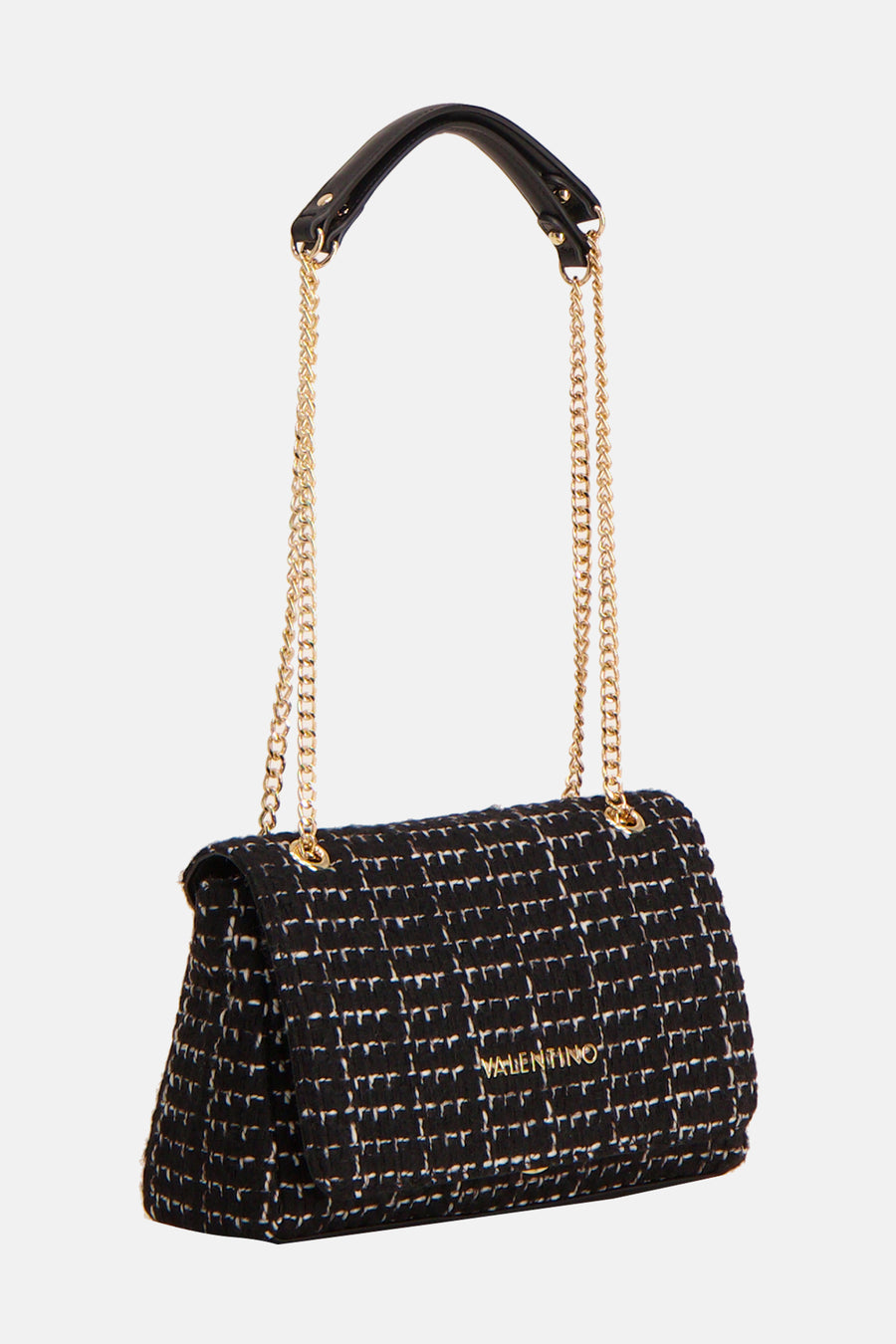 Zwarte schoudertas van VALENTINO BAGS in geruit textiel, met een gouden kettingriem en een handvat van lakleer.