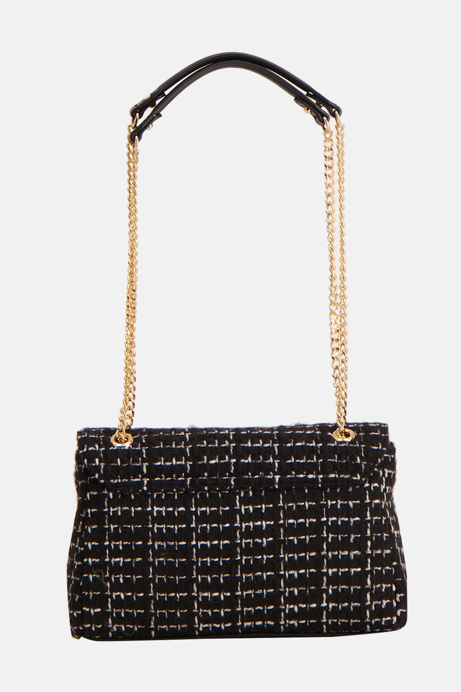 Zwarte schoudertas van VALENTINO BAGS, van tweedstof met ruitpatroon, met een schouderriem van gouden ketting en leer.