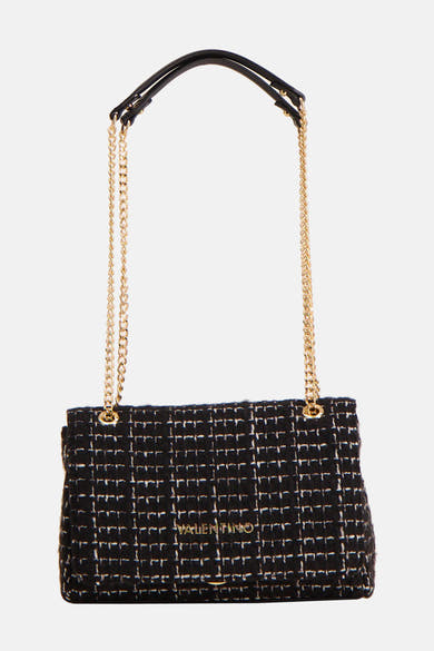 Zwarte schoudertas van tweedstof van Valentino Bags, met gouden kettingriem en leren afwerkingen.