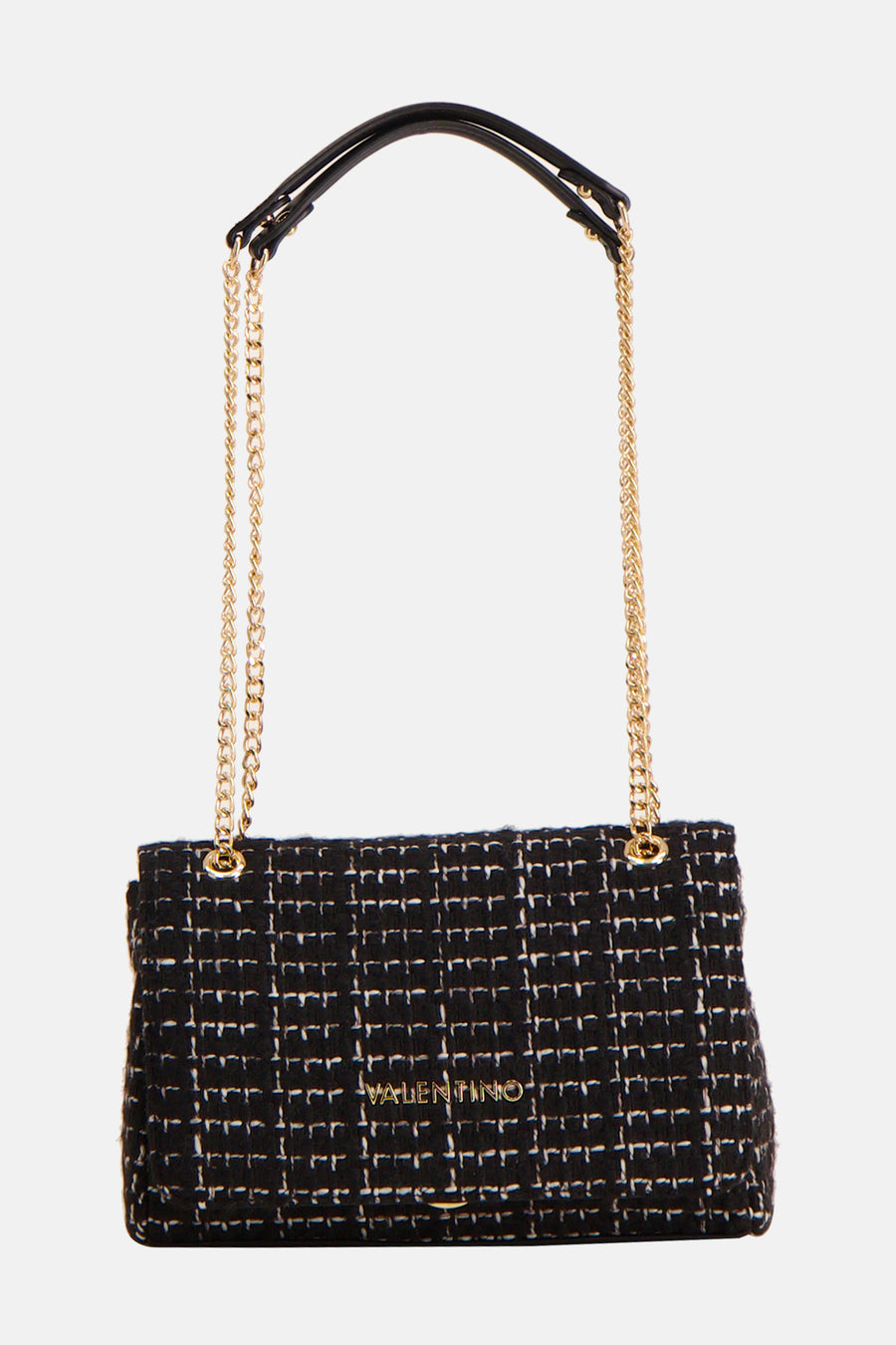 Zwarte schoudertas van tweedstof van Valentino Bags, met gouden kettingriem en leren afwerkingen.