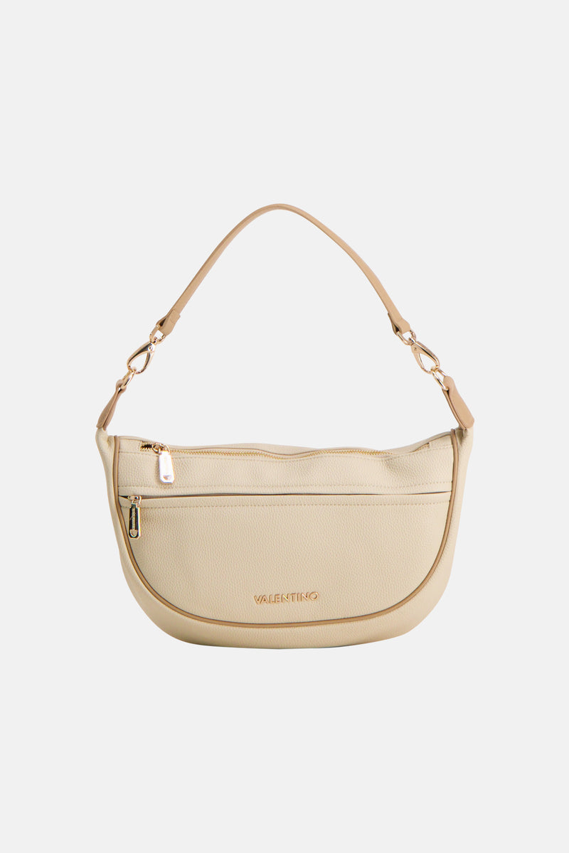Ecru schoudertas van VALENTINO BAGS, met lichtgekleurde leren schouderriem en gouden details.
