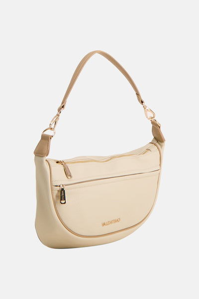 Ecru schoudertas van VALENTINO BAGS, met gouden ritssluiting en lichtbeige schouderriem.