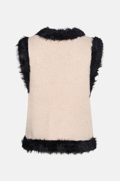 Gilet en tricot beige et noir d'AMELIE ET AMELIE, avec bordure en fourrure synthétique, vue arrière.
