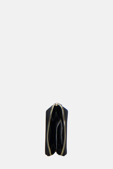 Portefeuille noir de VALENTINO BAGS avec une fermeture éclair dorée, montrant l'intérieur vide.