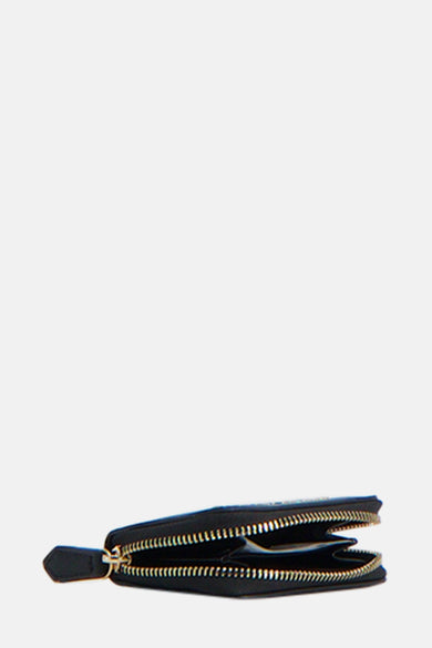 Portefeuille noir de VALENTINO BAGS avec fermeture éclair dorée, ouvert.
