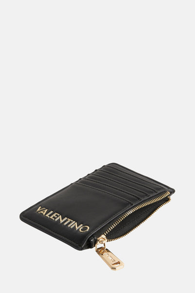 Zwarte synthetische leren portemonnee van Valentino Bags, met gouden ritssluiting en gouden logo.