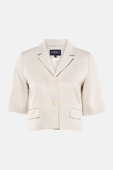 Beige blazer van CAROLL met korte mouwen, tailleurkraag, twee knopen en opgestikte zakken, in getextureerde stof.