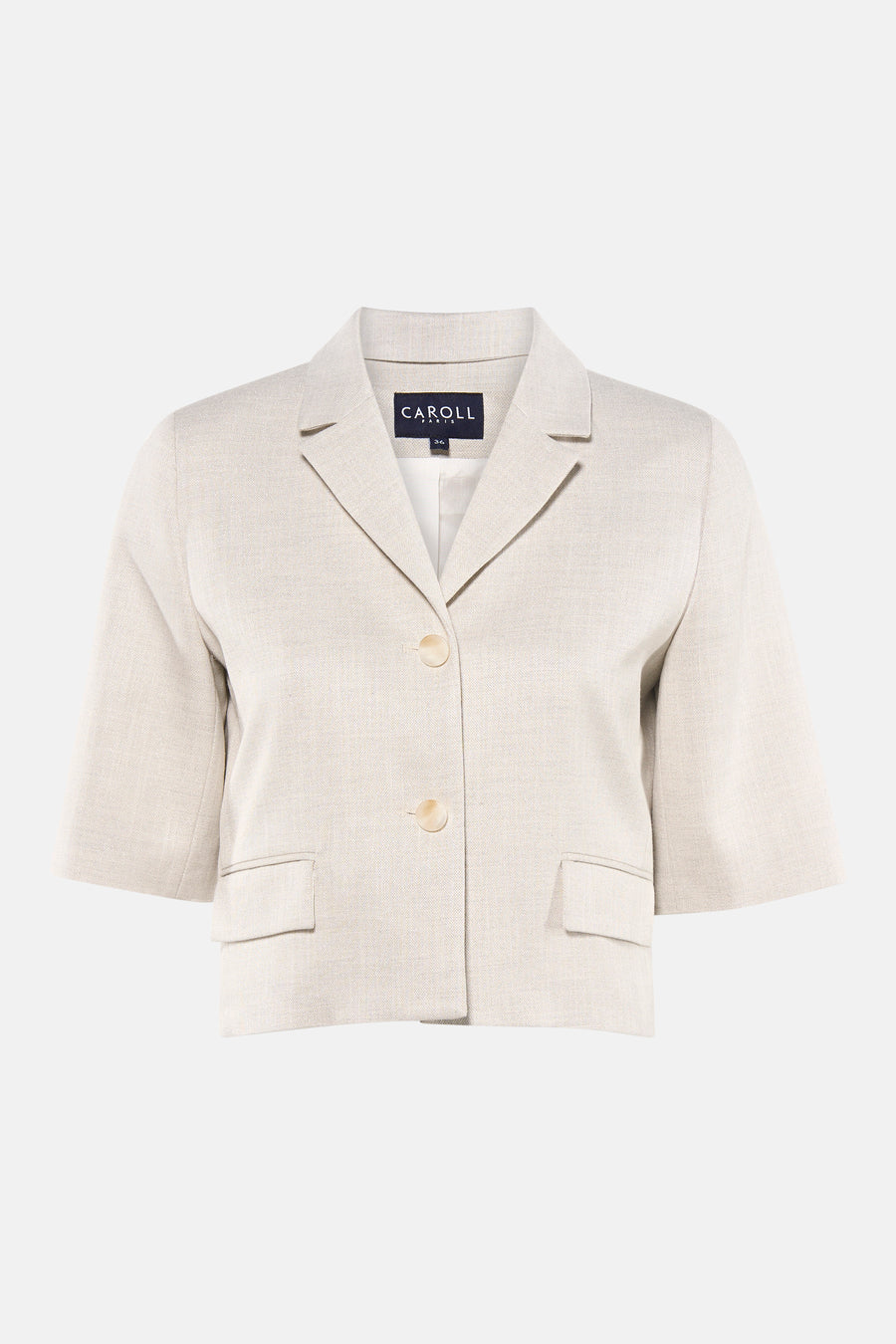 Beige blazer van CAROLL met korte mouwen, tailleurkraag, twee knopen en opgestikte zakken, in getextureerde stof.