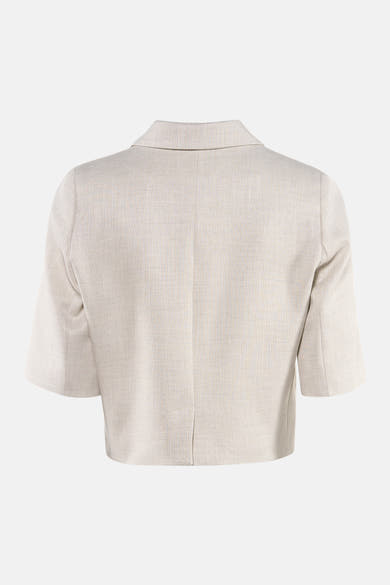 Beige blazer van CAROLL, korte pasvorm, korte mouwen, geweven textuur, achterzicht.