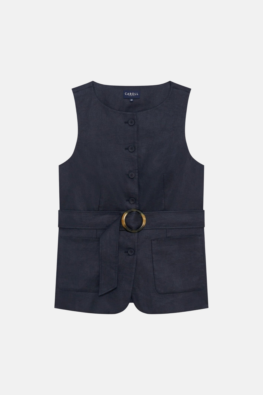 Blazer bleu en lin de CAROLL, à coupe sans manches, avec une ceinture à boucle décorative.