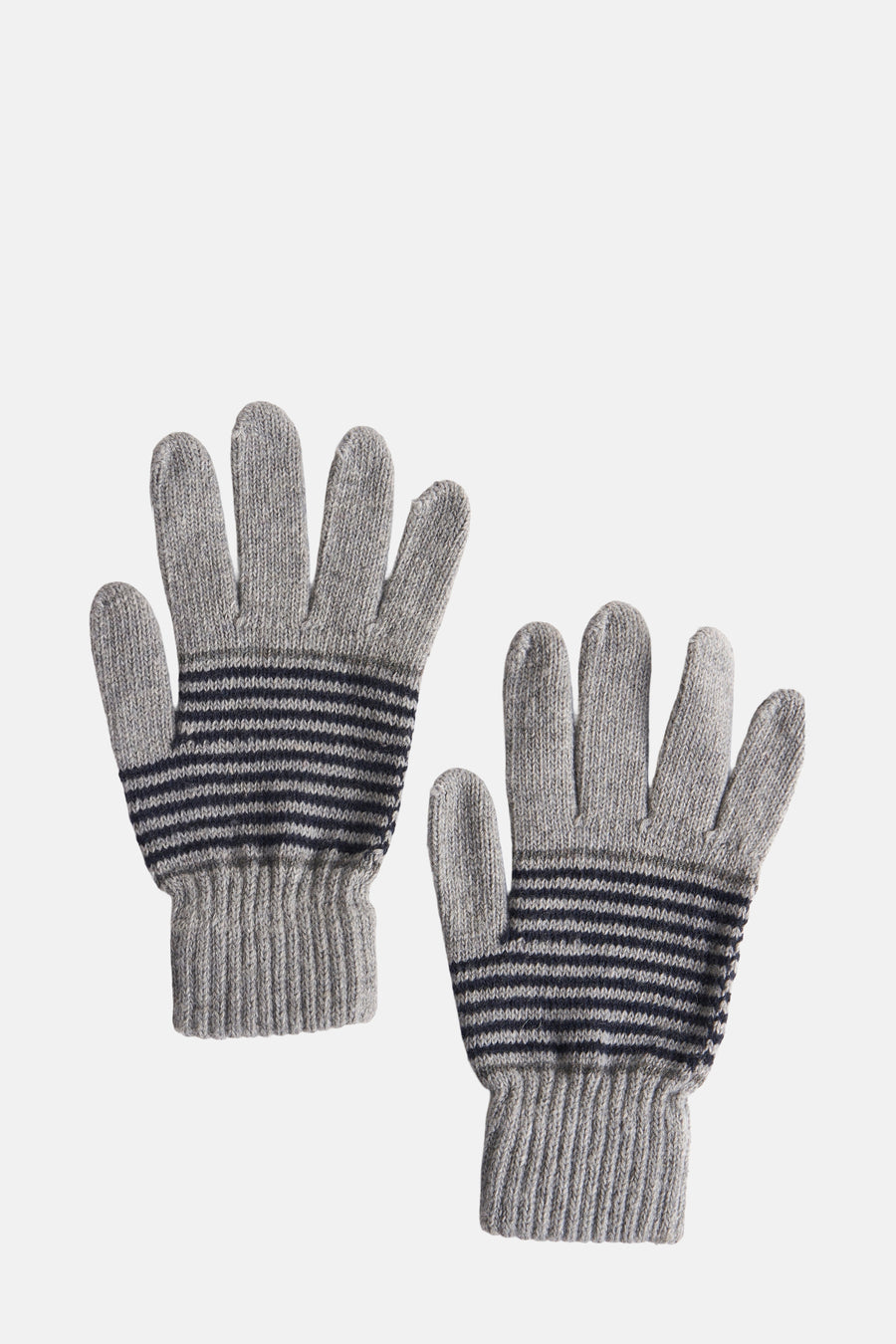 Grijze gestreepte Access® handschoenen met geribde gebreide manchetten, marineblauwe strepen.