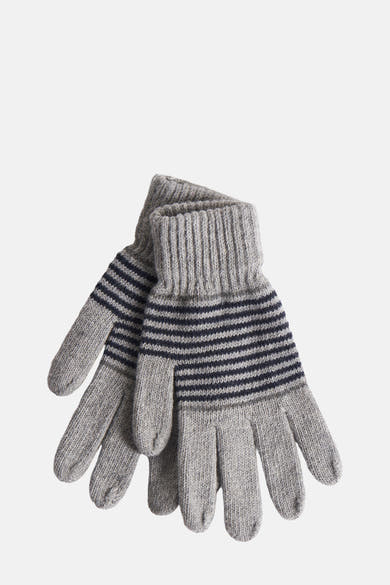 Grijze gebreide handschoenen van Access®, marineblauwe strepen en geribbelde textuur.