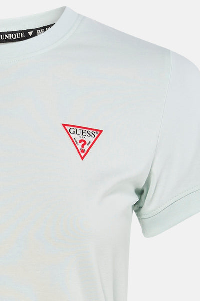 Groen T-shirt met korte mouwen van Guess, met een kenmerkend rood driehoekig logo op de borst.