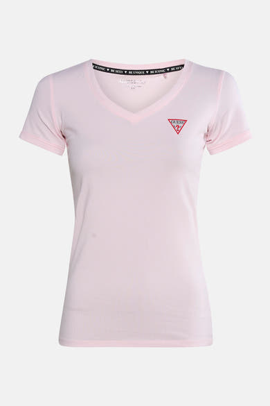 Top met korte mouwen roze van Guess®, met opvallend rood logo op de voorkant.