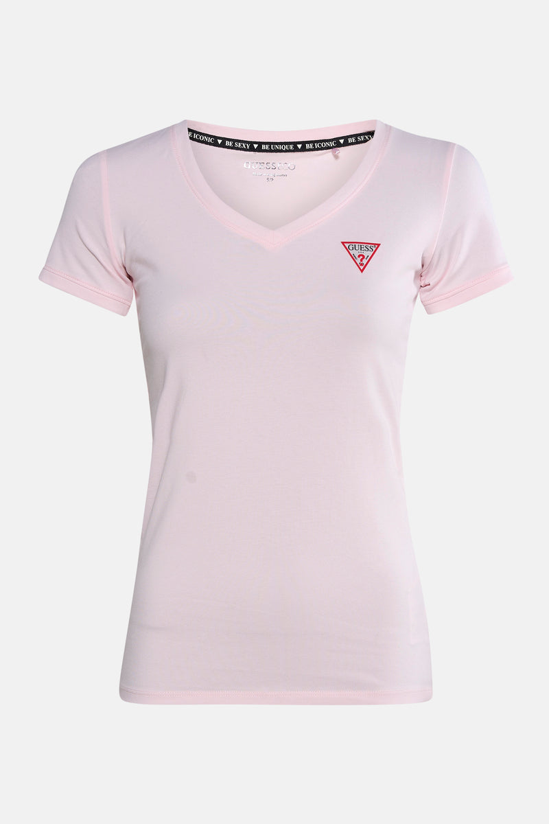 Top met korte mouwen roze van Guess®, met opvallend rood logo op de voorkant.