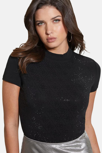 Zwart T-shirt met korte mouwen van Guess, met geborduurd ruitpatroon en glinsterende details.