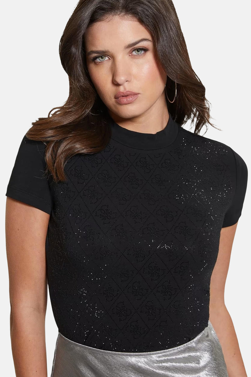 Zwart T-shirt met korte mouwen van Guess, met geborduurd ruitpatroon en glinsterende details.