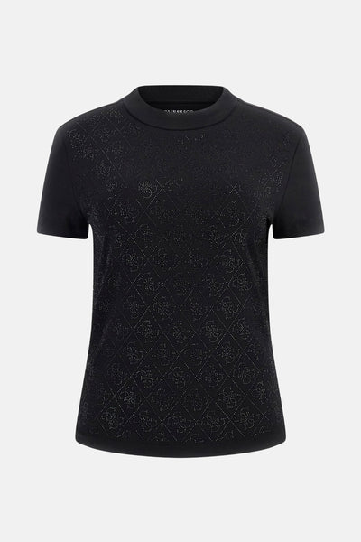 Zwart T-shirt met korte mouwen van Guess, met een geborduurd ruitpatroon en subtiele glitters.