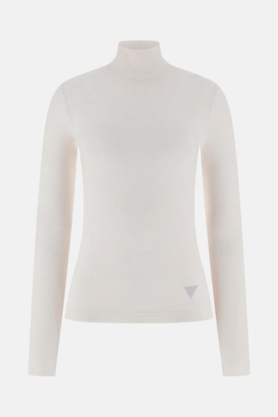 Ecru T-shirt met lange mouwen van Guess, met klein glinsterend driehoekig logo op de voorkant.