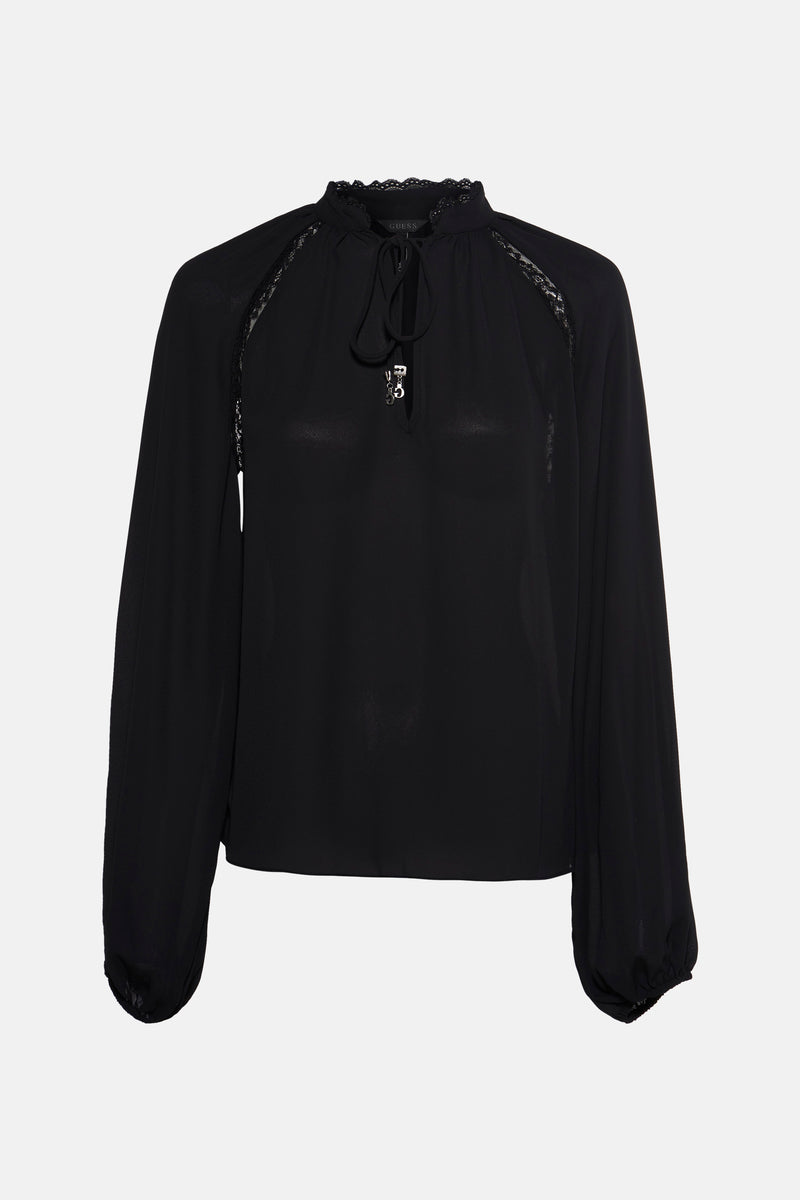 Zwarte blouse met lange mouwen van Guess, versierd met kant op de schouders en een opstaande kraag.