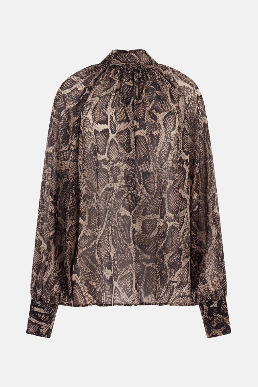Blouse marron à manches longues de Guess, imprimé serpent sur tissu transparent.