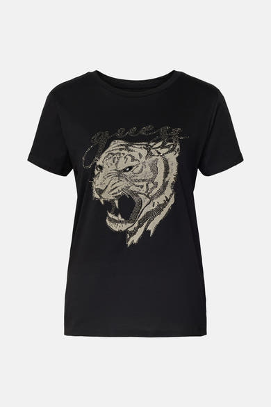 T-shirt noir à manches courtes de Guess, orné d'un motif tête de tigre pailletée.
