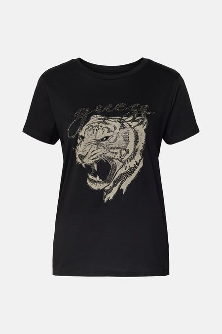Zwart T-shirt met korte mouwen van Guess, versierd met een glitterend tijgerkopmotief.