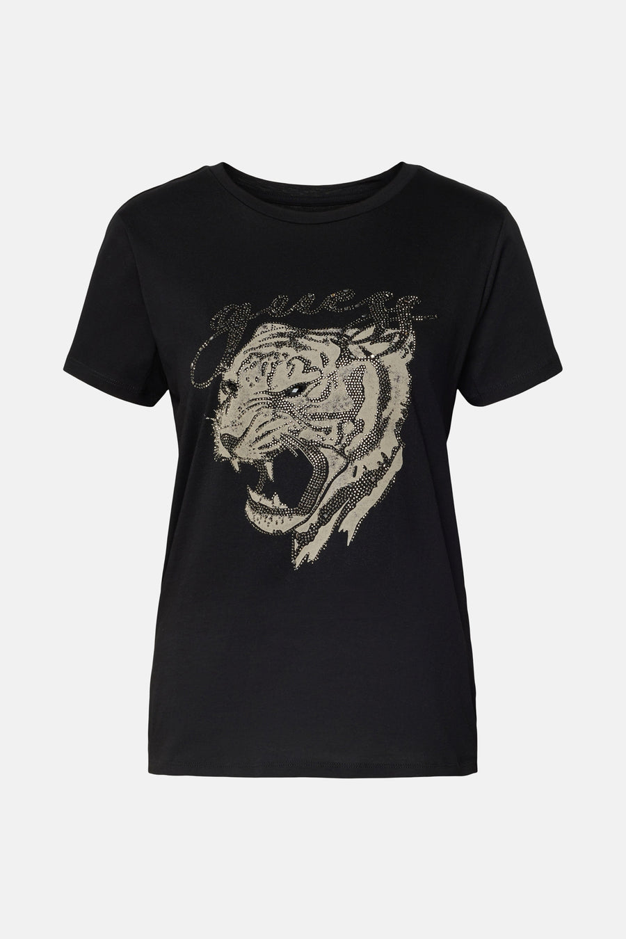 T-shirt noir à manches courtes de Guess, orné d'un motif tête de tigre pailletée.
