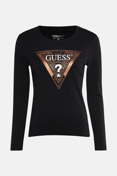 T-shirt à manches longues noir de Guess, orné d'un motif triangulaire léopard sur le devant.
