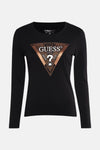 T-shirt à manches longues noir de Guess, orné d'un motif triangulaire léopard sur le devant.
