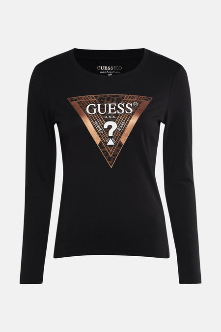 Zwart T-shirt met lange mouwen van Guess, versierd met een luipaardprint driehoekig motief op de voorkant.
