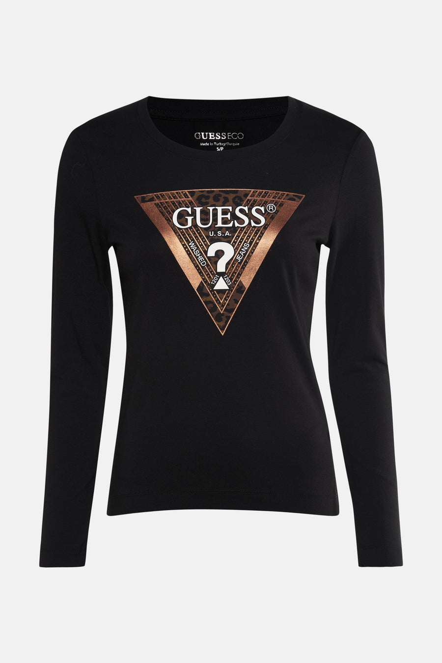 T-shirt à manches longues noir de Guess, orné d'un motif triangulaire léopard sur le devant.
