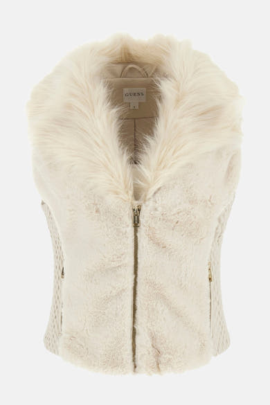 Ecru nepbonten gilet van Guess, met een gouden ritssluiting en gebreide details.