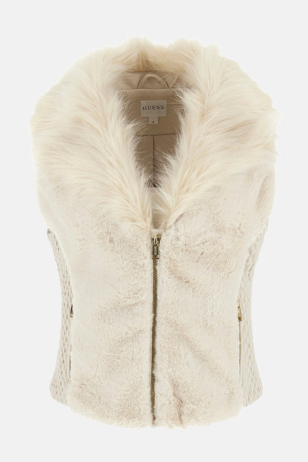 Ecru nepbonten gilet van Guess, met een gouden ritssluiting en gebreide details.