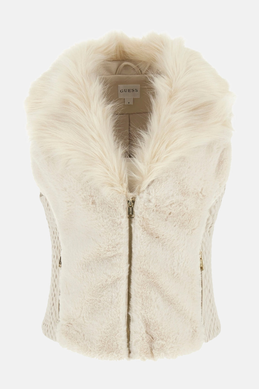 Ecru nepbonten gilet van Guess, met een gouden ritssluiting en gebreide details.