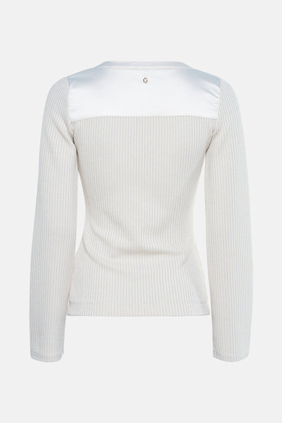 Beige T-shirt met lange mouwen van Guess, met satijnen inzetstuk op de rug en geribde stof.