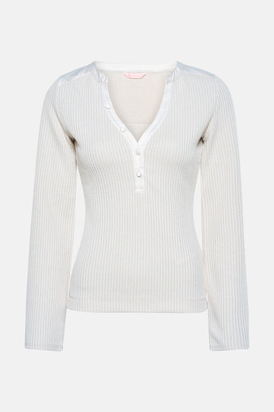 Beige T-shirt met lange mouwen van Guess, met een geknoopte V-hals en geribbelde textuur.