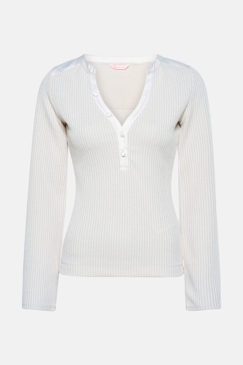 Beige T-shirt met lange mouwen van Guess, met een geknoopte V-hals en geribbelde textuur.
