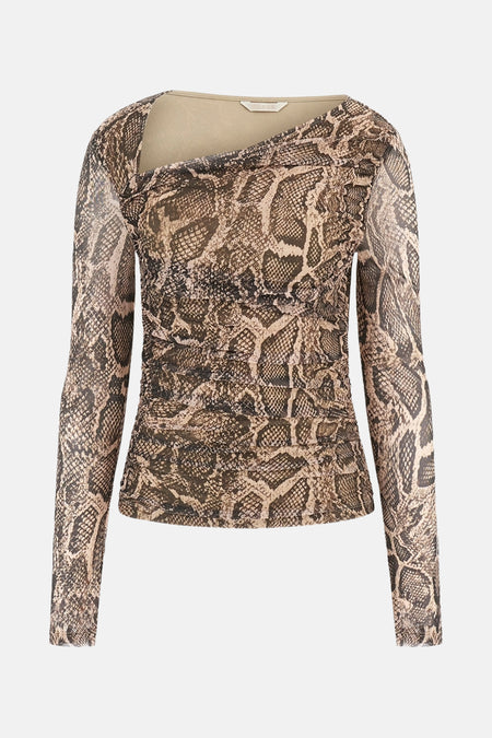 Bruin T-shirt met lange mouwen van Guess, slangenprint met gedrapeerde asymmetrische halslijn.