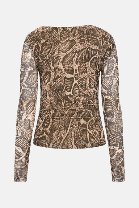 Bruin T-shirt met lange mouwen van Guess, met all-over slangenprint.