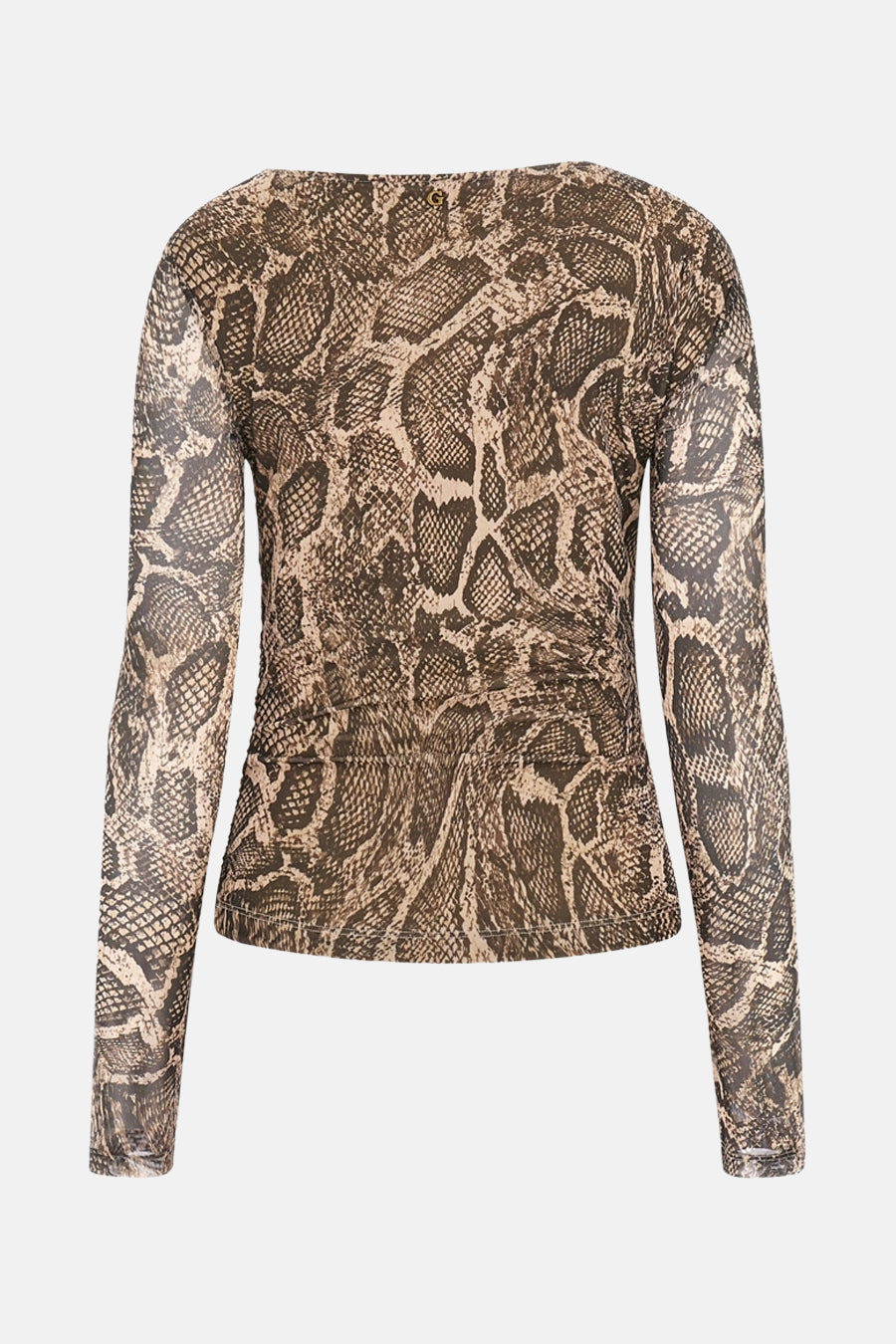 Bruin T-shirt met lange mouwen van Guess, met all-over slangenprint.